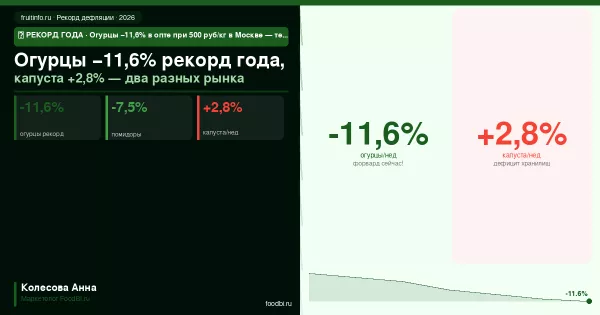 Огурцы −11,6% рекорд года: тепличный обвал при сохранении 500 руб/кг в Москве